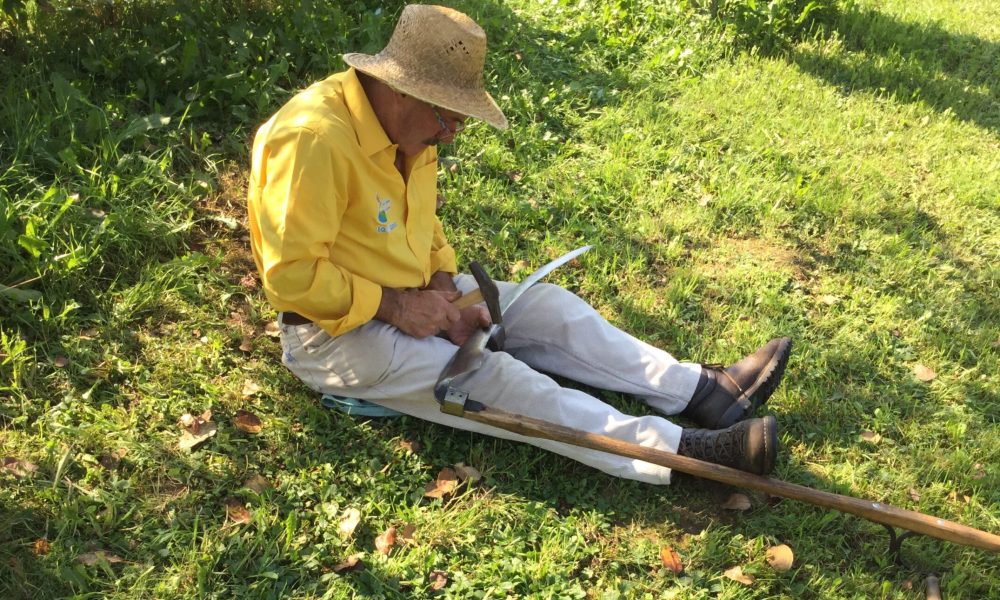 Toni Campaner il mastro falciatore che sta affilando la falce seduto in un prato